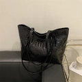 Large black glossy crocodile texture tote bag with hobo style design for women - Black