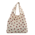 Bolso tote de pana beige con estampado de fresas rojas y correas anchas de verano - Bolso Tote Estampado de Fresa / Blanco