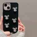Custodia iPhone nera opaca con orsetti metallici 3D argento e cornice fotocamera argento - Cornice Galvanizzata-Testa di Orso-Nero / iPhone 7/8/SE 2020