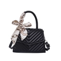 Black chevron quilted crossbody bag with decorative printed silk scarf and top handle - Black