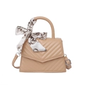 Beige quilted crossbody bag with silk scarf handle detail and silver hardware - Khaki