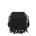 Retro black faux suede crossbody bag with long fringes and bohemian tassel accents - Black