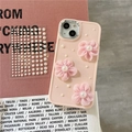 Detailed view of pink floral iPhone case with 3D fabric flowers and DIY pearl stickers - iPhone 7/8/SE 2020 / Pink