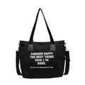 Grande borsa tote in tela nera con tracolla regolabile e stampa bianca minimalista - Nero