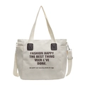 Borsa tote vintage in tela bianco sporco con scritte nere e tracolla regolabile - Bianco Sporco