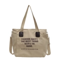 Borsa tote in tela beige con rinforzi in pelle marrone e tracolla regolabile - Cachi