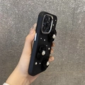 Close-up of black matte iPhone case featuring 3D fabric flowers and pearl accents - iPhone 7/8/SE 2020 / Black