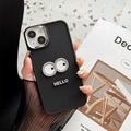 Detailed close-up of a black silicone phone case featuring cartoon eyes and 3D HELLO letters - Black (Electroplated Frame-Hello Eyes) / iPhone 7/8/SE 2020