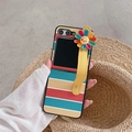Striped leather folding case for Samsung Z Flip 5 with sunflower wrist strap - Colorful Stripes - Sunflower Wristband / Huawei Pocket