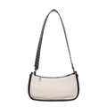French straw underarm bag in beige woven fabric with black leather trim and metal rivets - Black