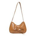 Brown crescent shoulder bag with pleated faux leather and bow detail on white background - Brown