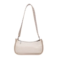 Beige woven PU shoulder bag with silver eyelet studs on the strap for summer - Khaki
