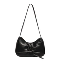 Minimalist black PU leather hobo shoulder bag with drawstring bow detail and gold zipper - Black