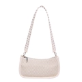 Minimalist beige woven texture baguette bag with silver studded shoulder strap for summer - White