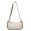 Summer straw and PU leather shoulder bag with punk rivet straps and zipper closure - Brown