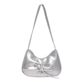 Metallic silver crescent shoulder bag with pleated texture and chic bow detail - Silver
