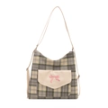 Grande borsa tote a scacchi verde e beige con ricamo a fiocco rosa e tracolla sottile - Verde