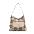 Borsa tote a quadri capiente con tasca frontale beige e ricamo con fiocco rosa - Blu
