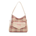 Grande borsa tote a quadri rosa con ricamo a fiocco e tasca frontale color crema - Bianco