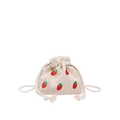 Kleine Stroh-Eimertasche in Off-White mit roten Erdbeer-Stickereien und Kordelzug - Erdbeere Cremeweiß