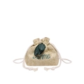 Stroh-Eimertasche mit Kordelzug, Summer-Stickerei und grünen Blattanhängern - Sommerblatt Khaki