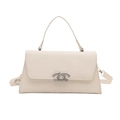 Chic beige crocodile embossed handbag with silver metal buckle and crossbody strap - White