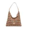 Boho-Tasche aus gewebtem Nylon mit geometrischem Muster, Lederriemen und Perlen - Khaki