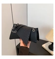 Asymmetric black faux crocodile leather shoulder bag with chic silver chain strap detail - Black