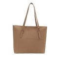 Borsa tote retrò in pelle marrone con cuciture bianche e fibbie dorate in metallo - Cachi
