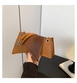 Brown crocodile embossed geometric bag with silver chain and shoulder strap - Brown