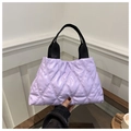 Quilted lavender puffer tote bag with black straps and elegant diamond stitch pattern - Purple