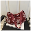 Bolso tote de lona granate con costuras coloridas onduladas y correa ancha ajustable - Rojo