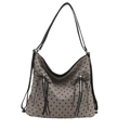 Lichtgrijze tote bag met hartjesprint, zilveren ritsen en zwarte strikdetails - Khaki Hart
