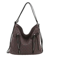 Minimalist grey canvas hobo bag with red heart print and black bow ribbon detail - Red Heart
