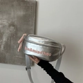 Silver metallic dumpling crossbody bag with pink embroidered letters and adjustable strap - Silver