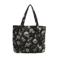 Gothic schedel en bloemenprint Oxford schoudertas met grote capaciteit zwarte tote tas - Zwart
