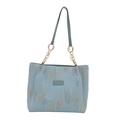 Light blue embossed leather tote bag with colorful embroidery and gold chain straps - Blue