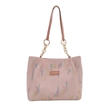 Pink PU leather tote bag with diamond quilting and colorful embroidery in front view - Pink