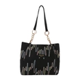 Large black tote bag with colorful wavy embroidery and stylish leather handles - Black