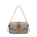 Borsa sottospalla retrò con motivi monogramma in tela beige e cinturino in pelle marrone - Marrone