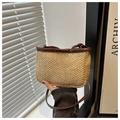 Chic woven straw shoulder bag with dark brown leather trim for casual beach style - Coffee