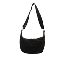 Black corduroy crescent shoulder bag with red strawberry print and adjustable strap - Black