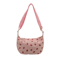 Pink corduroy crescent bag with strawberry print and adjustable nylon strap - Pink