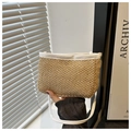 Detail of hand-held straw crossbody bag with white leather straps and woven texture - White