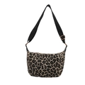 Leopard print canvas shoulder bag with adjustable wide black strap and bronze hardware - Khaki Leopard Print