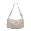 White canvas hobo bag featuring colorful wavy embroidery and wide woven shoulder strap - White