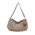 Chic beige nylon tote bag with Fashion patch and brown plush charm for women - Khaki With Pendant