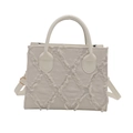White quilted denim crossbody bag with fringe diamond pattern and top handle - White
