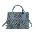 Light blue denim handbag with frayed edges and diamond quilted pattern in a square shape - Blue
