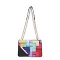 Colorful plaid patchwork crossbody bag with gold chain strap and stylish flap design - Black